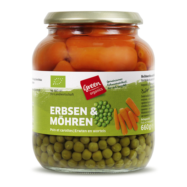 greenorganics Erbsen mit Möhren im Glas 660g