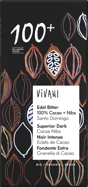 Vivani Edel Bitter 100% Cacao + Nibs 80 g
