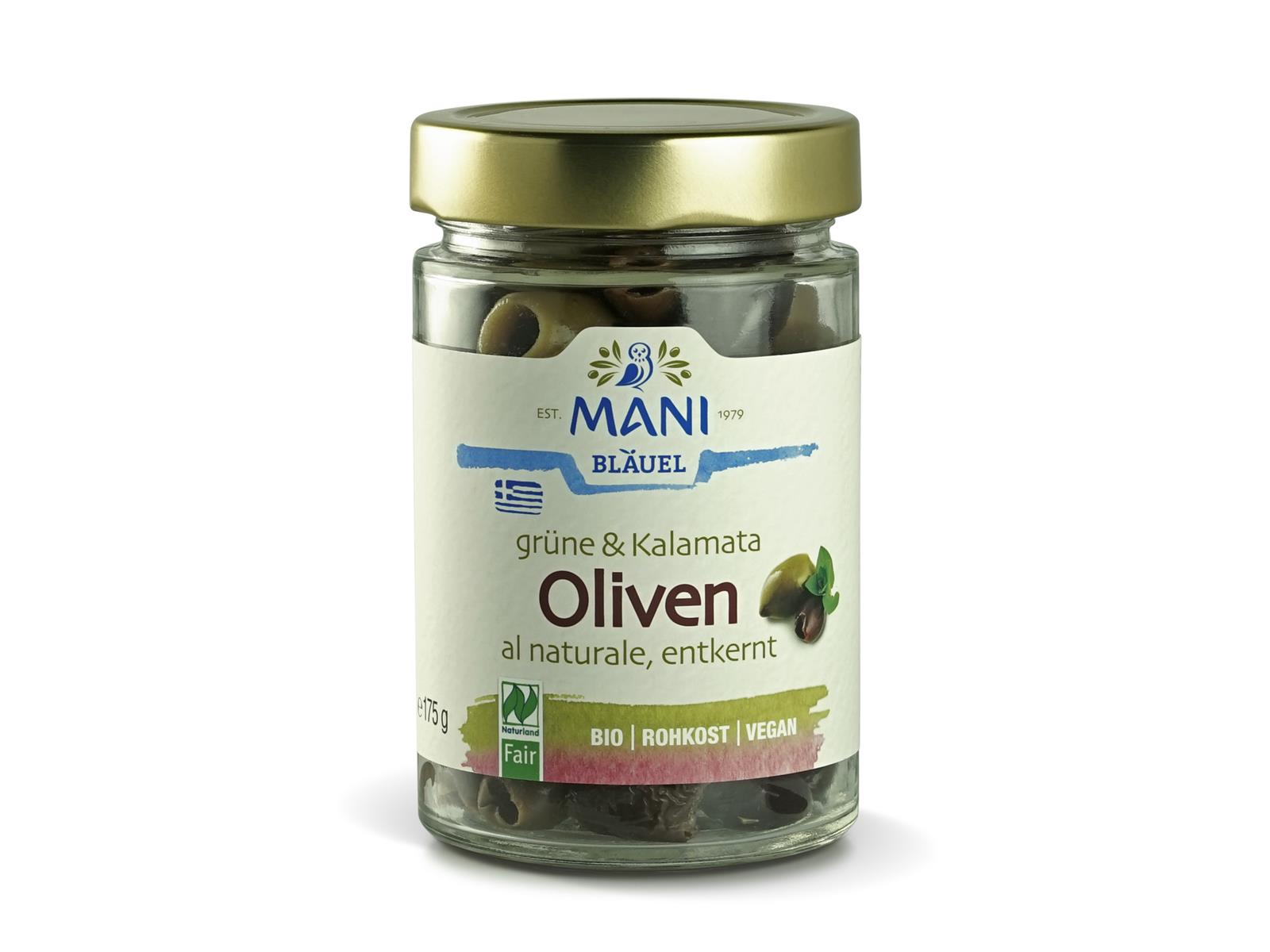 Mani Bläuel Grüne & Kalamata Oliven al naturale, entkernt 175 g