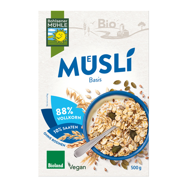 Bohlsener Mühle Basis Müsli mit 10 % Saaten in der Faltschachtel 500 g