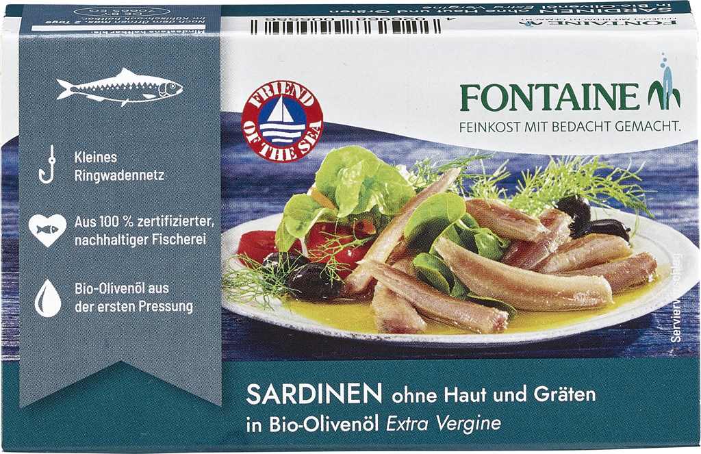 Fontaine Sardinen ohne Haut u. Gräten in Bio-Olivenöl 120 g